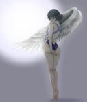  absurdres alternate_costume angel_wings ankles arm_behind_back ass back backlighting bangs barefoot braid breasts covering_mouth error feathered_wings french_braid full_body grey_background grey_wings highres hiraya_n kishin_sagume kneepits legs light looking_at_viewer looking_back one-piece_swimsuit red_eyes short_hair silver_hair single_wing small_breasts soles solo swimsuit thighs tiptoes toes touhou wavy_hair white_background wings 