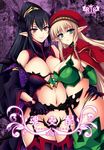  alleyne_(queen's_blade) armpit_peek bad_id bad_pixiv_id bare_shoulders beret black_gloves black_hair black_legwear blonde_hair blue_eyes blush braid breasts cape cleavage commentary_request cover cover_page cowboy_shot demon_horns detached_sleeves doujin_cover elf garter_straps gloves green_legwear groin hat horns large_breasts long_hair looking_at_viewer midriff multiple_girls navel parted_lips pointy_ears ponytail queen's_blade queen's_blade_rebellion red_eyes side_braid sideboob smile thighhighs tokonaru werbellia wide_sleeves 