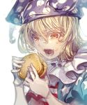  american_flag_dress bangs blonde_hair clownpiece eating food food_on_face hamburger hat holding holding_food jester_cap long_hair open_mouth polka_dot red_eyes shirt short_sleeves simple_background sketch solo star striped sweatdrop teeth touhou upper_body white_background zounose 
