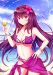  bikini breasts cup drinking_glass fate/grand_order fate_(series) flower hair_flower hair_ornament hibiscus highres large_breasts long_hair looking_at_viewer midriff navel purple_hair purple_sarong red_eyes sarong scathach_(fate)_(all) scathach_(swimsuit_assassin)_(fate) soda_(sodachuxd) solo swimsuit wine_glass 