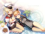  2girls animal_ears aqua_eyes arm_at_side bad_id bad_pixiv_id black_skirt blonde_hair blue_eyes breast_hold breasts bunny_ears capelet checkered checkered_floor cleavage_cutout embarrassed fox_ears from_above graf_zeppelin_(kantai_collection) hair_between_eyes hand_on_own_chest hat innertube kantai_collection kemonomimi_mode large_breasts long_hair looking_at_viewer lying medium_breasts military military_uniform multiple_girls no_legwear no_pants on_back partially_submerged peaked_cap pleated_skirt prinz_eugen_(kantai_collection) ritsuki short_twintails sitting skirt smile thighs tile_floor tiles twintails uniform water 