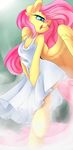  2016 absurd_res anthro clothed clothing dress equine female fluttershy_(mlp) friendship_is_magic fur hair hi_res hooves long_hair madacon mammal my_little_pony one_eye_closed open_mouth pegasus pink_hair solo wings yellow_fur 