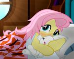  2016 bed blush equine female feral fluttershy_(mlp) friendship_is_magic hair hi_res hooves horse inside long_hair looking_at_viewer mammal my_little_pony on_bed pillow pink_hair plushie pony ponyecho solo 