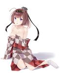  :&lt; ahoge akizuki_(kantai_collection) alternate_costume bare_shoulders blue_eyes breasts brown_hair checkered checkered_clothing checkered_kimono clothes_down clothes_writing collarbone covering covering_breasts denkitori hachimaki hair_ornament hairband headband highres japanese_clothes kantai_collection kimono kimono_pull looking_at_viewer medium_breasts off_shoulder open_clothes open_kimono open_mouth shiny shiny_skin sitting socks solo triangle_mouth white_legwear 