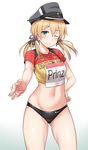  2016_summer_olympics anchor_hair_ornament ass_visible_through_thighs blonde_hair blush buruma character_name closed_mouth commentary_request cowboy_shot finger_gun german germany green_eyes hair_ornament hat kantai_collection looking_at_viewer navel nike olympics one_eye_closed peaked_cap prinz_eugen_(kantai_collection) sama_samasa simple_background smile solo sports_bikini sportswear standing track_uniform twintails white_background 