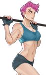  barbell bare_shoulders biceps black_gloves black_shorts breasts collarbone cowboy_shot crop_top fingerless_gloves gloves green_eyes medium_breasts midriff nail_polish navel overwatch parted_lips pink_hair pink_nails scar short_hair short_shorts shorts simple_background sleeveless solo stomach white_background zarya_(overwatch) 