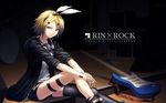  bangs blonde_hair blue_eyes blue_nails bow chain character_name commentary_request dark_background fingernails guitar hair_bow hair_ornament hairclip hands_on_own_knee headphones headphones_around_neck highres instrument jacket kagamine_rin legband legs looking_at_viewer nail_polish parted_bangs short_hair short_shorts shorts sitting solo sugi_214 vocaloid 
