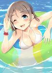  azuki_cha bikini blue_eyes blush breasts brown_hair curvy highres innertube looking_at_viewer love_live! love_live!_sunshine!! medium_breasts one_eye_closed open_mouth salute short_hair smile solo swimsuit watanabe_you white_bikini 