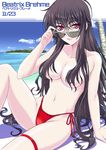  1girl beach beatrix_bremer black_hair breasts cleavage convenient_censoring long_hair looking_at_viewer muvluv navel red_eyes schwarzesmarken sitting smile solo swimsuit topless 