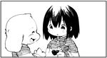  androgynous asriel_dreemurr blush blush_stickers border chara_(undertale) child closed_eyes furry greyscale heart heart_necklace jewelry looking_down monochrome monster_boy necklace open_mouth rai-rai shirt simple_background smile striped striped_shirt undertale white_background 