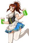  bachou_mouki brown_eyes brown_hair earrings hair_ornament hair_scrunchie high_ponytail holding ikkitousen jewelry long_hair maid open_mouth scrunchie simple_background solo thighhighs white_background white_legwear 