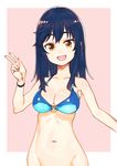  :d bare_shoulders bikini bikini_top black_hair blue_bikini blush bracelet breasts brown_eyes cleavage collarbone commentary_request fingernails ichijou_hotaru jewelry long_hair looking_at_viewer medium_breasts navel non_non_biyori open_mouth out-of-frame_censoring smile solo subachi swimsuit v 