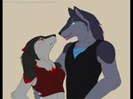  anthro blush canine clothed clothing duo eternity_zinogre fangs female fur male mammal open_mouth simple_background smile standing teeth wolf 