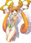  adapted_costume areola_slip areolae armpits arms_up bare_shoulders breasts brown_hair choker covered_navel covered_nipples cure_rosetta detached_sleeves dokidoki!_precure double_bun elbow_gloves fishnets flower gloves green_choker hair_ornament hisakawa_chin leotard long_hair looking_at_viewer medium_breasts midair open_mouth precure pussy_peek revealing_clothes ribbon sheer_leotard solo taimanin_(series) taimanin_suit teeth twintails weapon wrist_cuffs yellow_leotard yotsuba_alice 