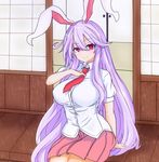 animal_ears breasts bunny_ears hand_on_own_chest highres large_breasts long_hair miniskirt necktie pink_skirt purple_hair red_eyes red_neckwear reisen_udongein_inaba sitting skirt solo sprout_(33510539) touhou very_long_hair 