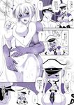  1girl admiral_(kantai_collection) blush breasts censored comic cross flying_sweatdrops full-face_blush graf_zeppelin_(kantai_collection) hand_on_another's_stomach hat hetero iron_cross kantai_collection kyougoku_shin large_breasts looking_away military military_uniform monochrome naval_uniform necktie no_hat no_headwear nude open_mouth partially_translated peaked_cap shower_head translation_request uniform wet 