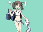  adrian_ferrer alternate_costume bare_arms bare_shoulders bikini brown_eyes brown_hair cannon collarbone cosplay flat_chest green_background grin hair_tie holding holding_scroll kantai_collection machinery navel onmyouji pointing ryuujou_(kantai_collection) scroll shikigami simple_background smile solo swimsuit tenryuu_(kantai_collection) tenryuu_(kantai_collection)_(cosplay) twintails 