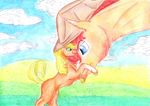  applejack_(mlp) blonde_hair blue_eyes dawn22eagle detailed_background duo earth_pony equine eye_contact eyelashes father female feral friendship_is_magic fur green_eyes hair hat hooves horse male mammal my_little_pony orange_fur parent pony red_hair smile standing traditional_media_(artwork) young 