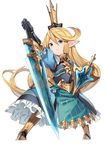  armor armored_boots armored_dress bangs banned_artist blonde_hair blue_eyes blush boots breastplate charlotta_fenia crown dress eyebrows eyebrows_visible_through_hair frilled_dress frills frown full_body gauntlets granblue_fantasy hair_between_eyes harvin long_hair paseri planted_sword planted_weapon pointy_ears puffy_short_sleeves puffy_sleeves shield short_sleeves simple_background solo standing sword weapon white_background 