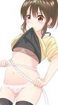  ass_visible_through_thighs bangs black_legwear blush breasts brown_eyes brown_hair cowboy_shot eyelashes hair_between_eyes halter_top halterneck highres holding hori_yuuko idolmaster idolmaster_cinderella_girls lifted_by_self measuring medium_breasts mouth_hold navel no_bra panties pink_panties ponytail red_eyes shirt_lift short_sleeves sidelocks simple_background solo sora_(silent_square) stomach tape_measure thighhighs underboob undershirt underwear waist_measuring white_background 