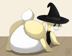  all_fours belly big_belly big_butt bottomless butt butterball clothed clothing eyewear female fur glasses grin hat lagomorph looking_at_viewer looking_back lying mammal naughty_face on_front presenting presenting_hindquarters rabbit semi-anthro tan_fur waffurukitsune white_fur witch_hat 