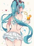  aqua_eyes aqua_hair bare_shoulders bikini blush crazy_straw cup drink drinking_glass drinking_straw eyewear_on_head frilled_bikini frills from_behind hatsune_miku heart heart-shaped_eyewear heart_straw heremia highres holding holding_cup long_hair looking_back open_mouth solo sparkle striped striped_bikini striped_bikini_bottom sunglasses swimsuit twintails very_long_hair vocaloid 