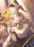  :o animal_hat bare_shoulders bell blush breasts brown_eyes daetta_(granblue_fantasy) deer draph granblue_fantasy hat hat_tug horns large_breasts light_brown_hair long_hair open_mouth ribbed_sweater sleeveless solo sweater taroji underbust v-shaped_eyebrows 