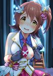  blush breasts brown_eyes brown_hair commentary_request gloves hair_ornament hatomugi_(mugicha) highres idolmaster idolmaster_million_live! kasuga_mirai looking_at_viewer medium_breasts microphone nipples one_breast_out open_mouth short_hair solo 