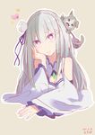  artist_name bad_id bad_pixiv_id bare_shoulders cat emilia_(re:zero) flower hair_flower hair_ornament long_hair looking_at_viewer puck_(re:zero) purple_eyes re:zero_kara_hajimeru_isekai_seikatsu silver_hair smile solo tochibi wide_sleeves 