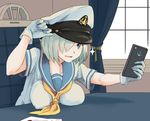  anchor_symbol arm_up blue_eyes breast_rest breasts cellphone chair curtains desk gloves hair_over_one_eye hamakaze_(kantai_collection) hat hayashi_ekyuu holding holding_phone kantai_collection large_breasts neckerchief open_mouth outstretched_arm phone school_uniform self_shot serafuku short_hair short_sleeves silver_hair sitting smartphone solo sparkle upper_body white_gloves window yellow_neckwear 