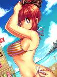  arms_up beach bikini black_bow blue_eyes blue_sky bow breasts cloud day dutch_angle hair_bow hair_bun kenron_toqueen large_breasts looking_at_viewer ocean original outdoors revision side-tie_bikini sideboob sky smile solo strap_gap striped striped_bikini swimsuit tomatita underboob 