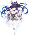  armor armored_dress breasts choker cleavage date_a_live dress gloves holding holding_weapon long_hair looking_at_viewer looking_up medium_breasts pauldrons purple_eyes purple_hair simple_background solo sword tsunako weapon yatogami_tooka 