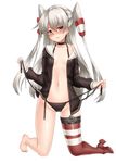  amatsukaze_(kantai_collection) asymmetrical_gloves asymmetrical_legwear black_panties black_shirt breasts brown_eyes collar collarbone frown gloves hair_ornament hair_ribbon kantai_collection keita_(tundereyuina) kneeling long_hair looking_at_viewer navel open_clothes open_shirt panties ribbon shirt shoes side-tie_panties silver_hair simple_background single_shoe single_thighhigh small_breasts solo sweat thighhighs underwear untied untied_panties white_background white_gloves white_ribbon windsock 