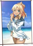  ;d absurdres aqua_eyes beach bikini blonde_hair dress fate/apocrypha fate/grand_order fate_(series) highres looking_at_viewer makise_medaka mordred_(fate)_(all) mordred_(swimsuit_rider)_(fate) ocean one_eye_closed open_mouth ponytail red_bikini sailor_dress smile solo swimsuit tan teeth 