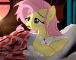  2016 bed blush equine female feral fluttershy_(mlp) friendship_is_magic hair hi_res hooves horse inside long_hair mammal my_little_pony on_bed open_mouth pillow pink_hair plushie pony ponyecho solo 