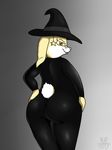  anthro butt butterball clothing female gradient_background hat lagomorph looking_back mammal rabbit rear_view simple_background skinsuit smile solo tight_clothing waffurukitsune witch_hat 