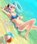  arm_up armpits ball beachball bikini blue_bikini breasts cleavage fate/grand_order fate_(series) groin hips horns innertube kiyohime_(fate/grand_order) kiyohime_(swimsuit_lancer)_(fate) legs_up long_hair looking_at_viewer lying medium_breasts navel ocean on_back orange_eyes red_eyes saberivliku sideboob silver_hair smile solo swimsuit thighs 