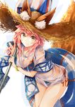  animal_ears animal_print bad_id bad_pixiv_id bangs bikini blue_bikini bracelet breasts collarbone ears_through_headwear fate/extra fate/grand_order fate_(series) fox_ears fox_tail hair_between_eyes hat highres innertube jewelry large_breasts leaning_forward long_hair looking_at_viewer midriff neko_sensha pink_hair polearm see-through shirt side-tie_bikini smile solo straw_hat sun_hat swimsuit t-shirt tail tamamo_(fate)_(all) tamamo_no_mae_(fate) tamamo_no_mae_(swimsuit_lancer)_(fate) weapon wet wet_clothes wet_shirt wet_t-shirt white_shirt yellow_eyes 