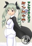  anchovy big_belly bow cape collar collared_shirt commentary_request dead_people girls_und_panzer green_hair hair_bow necktie open_eyes open_mouth pantyhose pregnant red_eyes shirt translation_request twintails white_legwear 