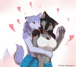  &lt;3 anthro blush canine clothed clothing duo eternity_zinogre female female/female hand_holding hug mammal navel one_eye_closed simple_background smile wolf 