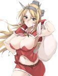  armpits bell belt blonde_hair blue_eyes breasts cleavage commentary_request cropped_jacket fur_trim headgear kantai_collection large_breasts long_hair midriff miniskirt mistletoe navel necktie nelson_(kantai_collection) sack santa_costume skirt solo thighhighs white_background zekkyon 