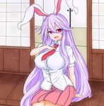  animal_ears blouse breasts bunny_ears hand_on_own_chest highres large_breasts lavender_hair long_hair looking_at_viewer necktie open_mouth pleated_skirt red_eyes red_neckwear reisen_udongein_inaba shirt skirt solo sprout_(33510539) touhou very_long_hair 