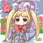  :&lt; :3 animal_ears banderasu black_eyes blazblue blonde_hair blush bow bowtie bunny_ears chibi closed_mouth dated dress fork full_body gii hat holding holding_fork holding_spoon long_hair long_sleeves lowres nago number party_hat rachel_alucard red_bow red_eyes red_neckwear sitting spoon throne twintails very_long_hair 
