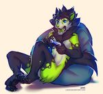  4_toes 5_fingers anthro black_fur black_hair blue_eyes canine controller fur green_fur green_nose green_tongue hair lukiri male mammal nude open_mouth simple_background sitting teeth toes white_background wolf 