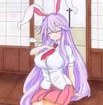  animal_ears blouse breasts bunny_ears closed_eyes hand_on_own_chest highres large_breasts lavender_hair long_hair necktie pleated_skirt red_neckwear reisen_udongein_inaba shirt skirt smug solo sprout_(33510539) touhou very_long_hair 