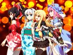  alternate_costume alternate_hairstyle black_legwear blonde_hair blue_eyes bow brown_hair candy_apple detached_sleeves eyebrows eyebrows_visible_through_hair fang floral_print food hair_between_eyes hair_bow hair_tubes hakurei_reimu hat highres japanese_clothes kimono kimono_skirt kirisame_marisa konpaku_youmu lolita_fashion long_hair miniskirt multiple_girls obi pink_hair ribbon-trimmed_sleeves ribbon_trim saigyouji_yuyuko sash sazanami_mio short_hair short_kimono silver_hair skirt smile thighhighs touhou wa_lolita white_legwear wide_sleeves yellow_eyes 