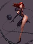  absurdres artist_request ball_and_chain bodysuit breasts brown_hair chain cleavage elbow_gloves flail full_body gloves hades_(herowarz) herowarz high_heels highres jewelry large_breasts legs long_hair looking_at_viewer purple_eyes solo thighs weapon 