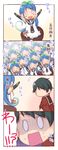  2girls 4koma absurdres artist_name black_hair blue_hair blush_stickers chibi comic commentary_request dress elbow_gloves gloves head_wreath heart heart_in_mouth highres kanon_(kurogane_knights) kantai_collection long_hair mogami_(kantai_collection) multiple_girls neckerchief open_mouth outstretched_arms plant potted_plant pun sailor_dress samidare_(kantai_collection) school_uniform serafuku short_hair surprised sweatdrop translated very_long_hair watermark white_dress 