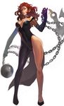  1girl artist_request ball_and_chain bodysuit breasts brown_hair chain cleavage elbow_gloves flail full_body gloves hades_(herowarz) herowarz hips legs long_hair looking_at_viewer mole mole_under_eye red_eyes shadow solo thighs weapon 