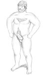  anthro balls blush cosmic51moon cum feet fur hair hairy horn humanoid_penis male mammal musclegut nude penis precum simple_background slightly_chubby smile smirk solo standing 